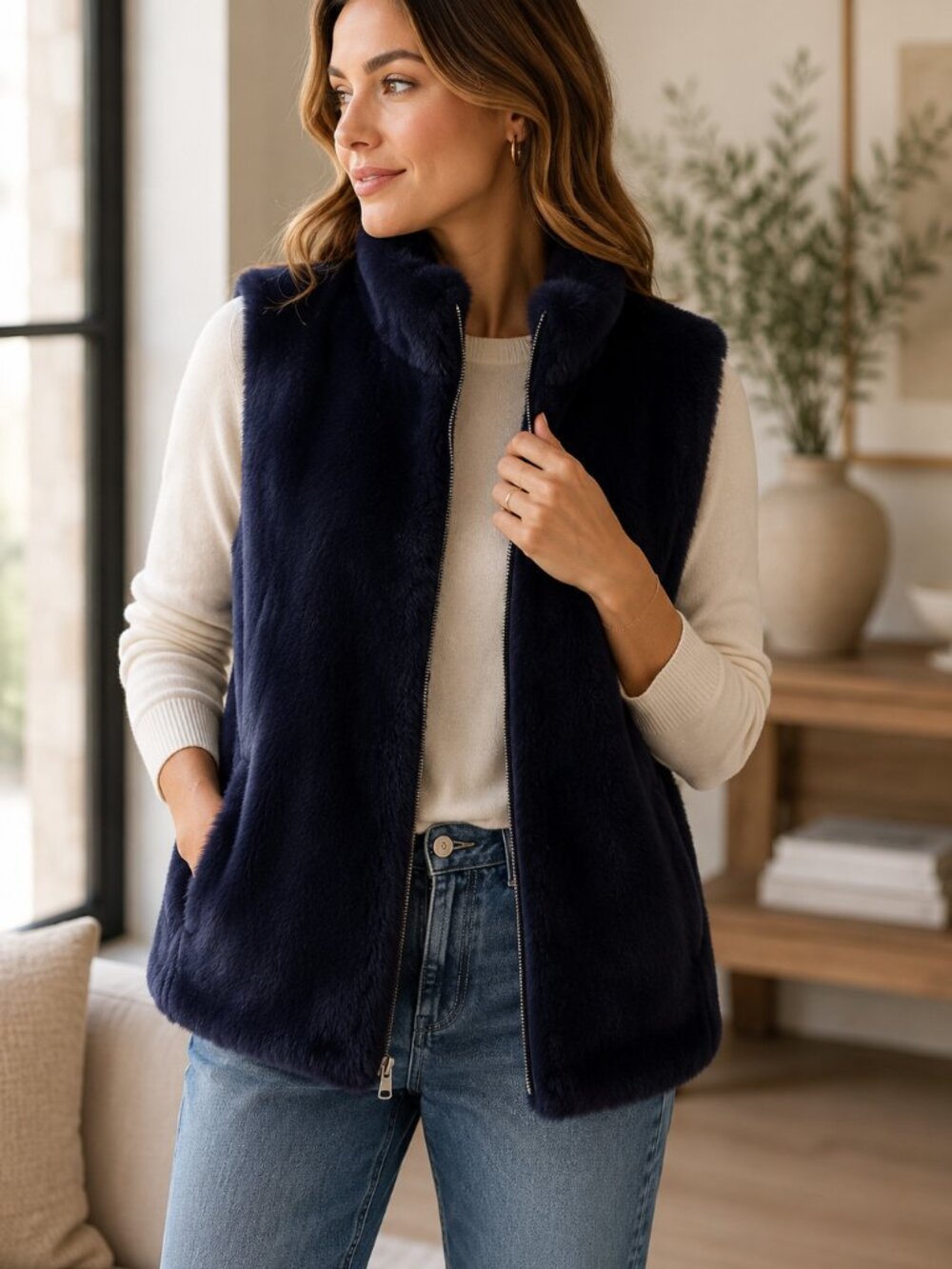 J. Crew Navy Faux Fur Vest Zip Front Cozy Layering Jacket XS